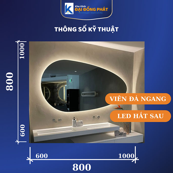 Gương Led cảm ứng, hình viên đá, Phôi kính Bỉ 7 lớp, Bảo Hành 3 năm
